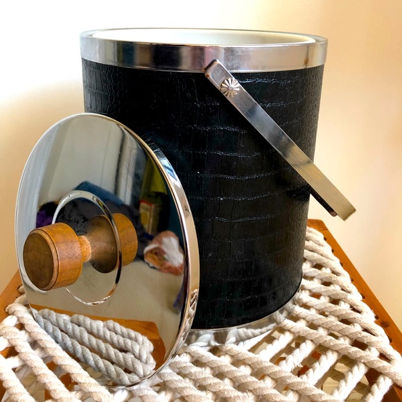 Vintage 1970’s Mid Century Modern Faux Black Alligator Skin Ice Bucket - Picture 3 of 6